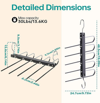 Whitmor Space Saving Pant Hangers, Foldable 5 Tier Closet Organizer with 360° Swivel Hook & Telescopic Rod, Vertical/Horizontal Hanging for Jeans, Scarves, Dorm, Travel, 2-Pack, Black