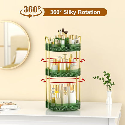 Rotating Makeup Organizer for Vanity 3 Tier, Perfume Organizer with Makeup Brush Holder, Large Capacity Cosmetics Clear Skincare Organizer for Countertop (Green)