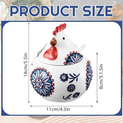 Ceramic Salt Cellar with Lid and Spoon, 13 oz Large Chicken Salt Jar, Chicken Sugar Containers for Countertop, Decorative Kitchen Holder for Coffee, Pepper, Seasonings, Spices, Candy(Blue)