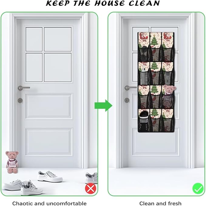 Christmas Shoe Organizer Over The Door for Living Room Christmas Tree Door Hanging Shoe Organizer with 12 Pockets,Mesh Fabric with 4 Metal Hook Wall Hanging Storage