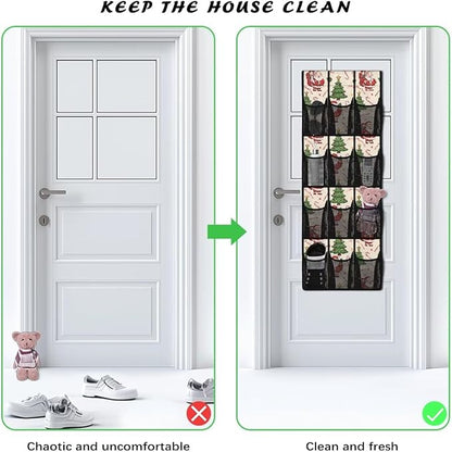 Christmas Shoe Organizer Over The Door for Living Room Christmas Tree Door Hanging Shoe Organizer with 12 Pockets,Mesh Fabric with 4 Metal Hook Wall Hanging Storage