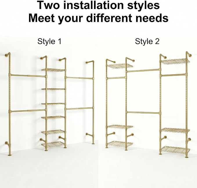 Wall Mounted Closet System – Adjustable Clothing Rack with 4 Expandable Rods & 6 Shelves, Heavy Duty Industrial Pipe Clothes Rack for Closet Organizer and Storage, Gold