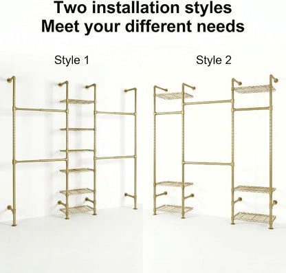 Wall Mounted Closet System – Adjustable Clothing Rack with 4 Expandable Rods & 6 Shelves, Heavy Duty Industrial Pipe Clothes Rack for Closet Organizer and Storage, Gold