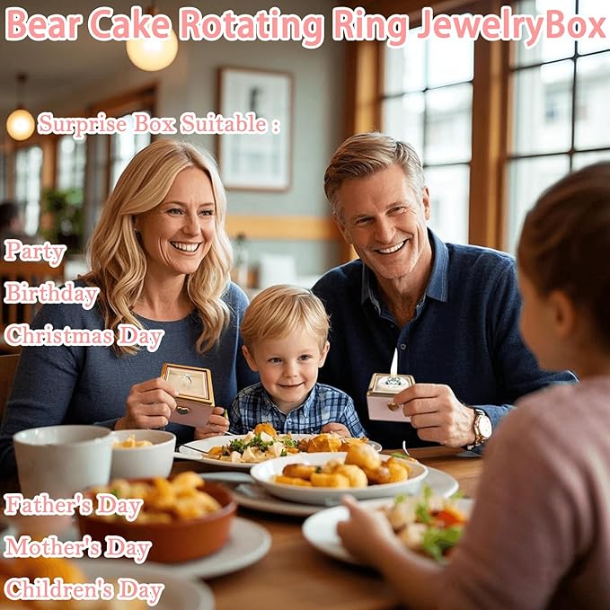 Little Bear Cake Rotating JewelryBox for Proposal - Rotating Ring Box Engagement Ring Box, Surprise Box Ring Bearer Box, necklace box for Birthday,Necklace Holder with Fabric Interior (pink)
