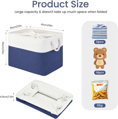 Large Storage Baskets- 16x12x12 inch Storage Bins for Shelves and Closet Organizing, Foldable Fabric Bin for Home Organization Clothes and Laundry (1-Pack, White&Blue)