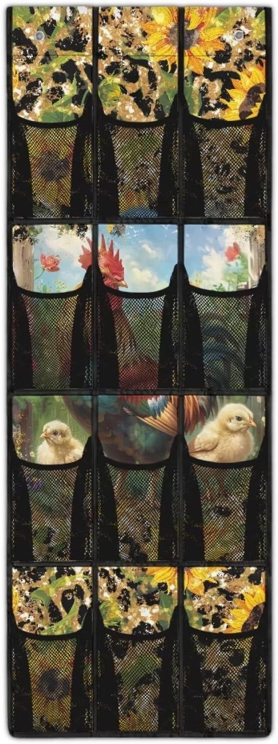 Over The Door Storage Organizer Closet Door Hanging Organizer with 12 Mesh Pockets, Stuffed Animal Storage for Toys Sundries Organizers and Storage,Rooster Leopard
