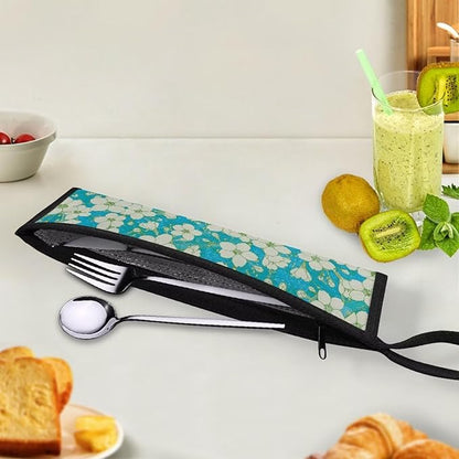 COEQINE White Floral Travel Silverware Chopsticks Carrying Bag Storage Case Storage Leafproof Travel Frok Spoon Knife Case for Work Picnic Travel