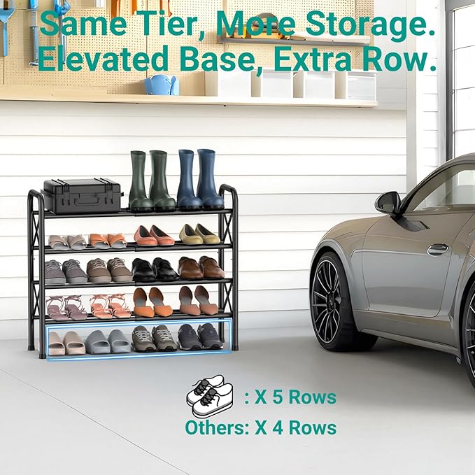 YEASHEIN 4-Tier Expandable Shoe Rack for Closet Floor, X-Frame Metal Small Shoe Rack for Entryway, Adjustable Shoe Shelf Organizer, Free Standing Shoe Racks for Front Door Entrance, Garage - Black