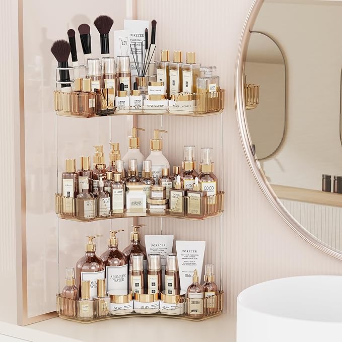 Asayuee 3-Tier Corner Bathroom Counter Organizer with Top Toothbrush Holders,Large Makeup Organizer Countertop with Brush Holder,Skincare Organizers Corner,Exquisite Vanity Organizer (Gold, 3 Tier)