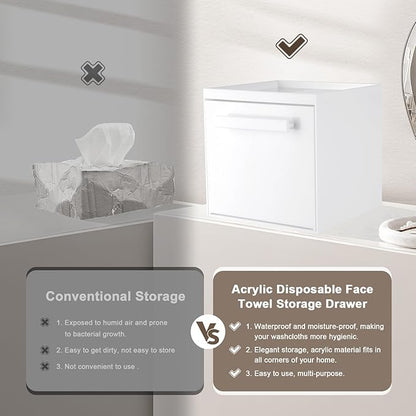 Disposable Face Towel Storage Box Compatible with Clean Skin Club Clean Towel XL Acrylic Facial Towels Holder with Drawer Wall-Mounted Makeup Organizer for Vanity, Bathroom (Glossy White)