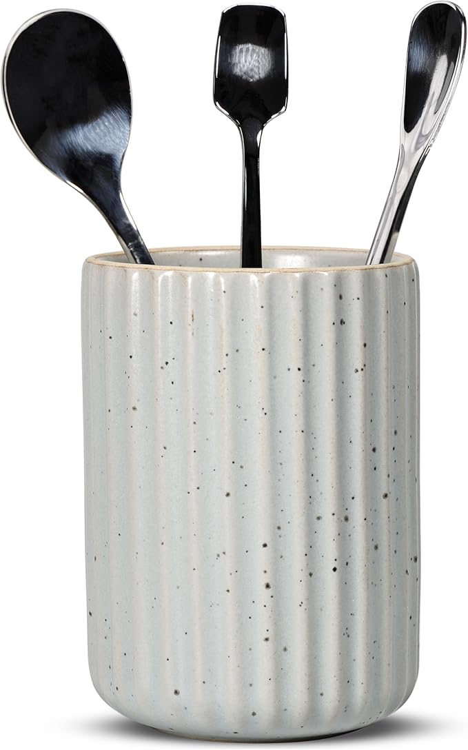 Ceramic Spoon Holder for Coffee Bar, Upright Tea Spoon Holder Cup, Coffee Stirrers Straws Stir Stick Holder, Spotted Grey Fluted Surface