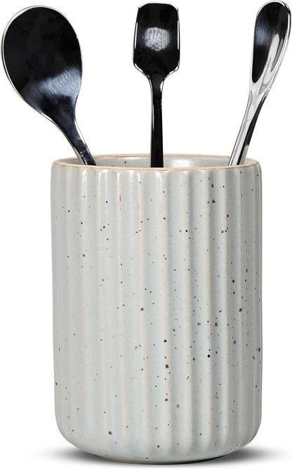 Ceramic Spoon Holder for Coffee Bar, Upright Tea Spoon Holder Cup, Coffee Stirrers Straws Stir Stick Holder, Spotted Grey Fluted Surface