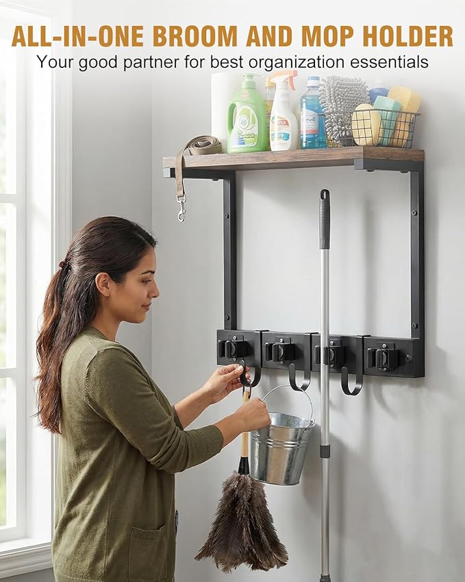 Supforce Broom Holder Wall Mount with Top Wooden Shelf, Heavy Duty Metal Cleaning Supplies Broom Hanger with 4 Slots & 3 Hooks for Laundry Garage Tool Storage Kitchen (Small)