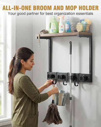 Supforce Broom Holder Wall Mount with Top Wooden Shelf, Heavy Duty Metal Cleaning Supplies Broom Hanger with 4 Slots & 3 Hooks for Laundry Garage Tool Storage Kitchen (Small)