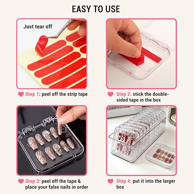 12Pcs Press on Nail Packaging Boxes, False Nail Container Organizer Clear Nail Display Case with 1 All-In-One Acrylic Storage Box and 30pcs Double-sided Adhesive Tape for Nail Art Salon Home Use