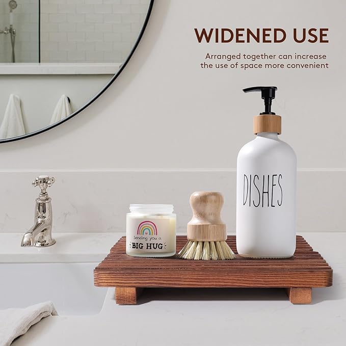 SAMEBUTECO Bathroom Tray,Rustic Wood Soap Tray 2 Packs,Riser Farmhouse Soap Dish Holder,Footed Wood Pedestal Stand for Vanity,Dispenser,Countertop,Size 8.7x4x1.7''