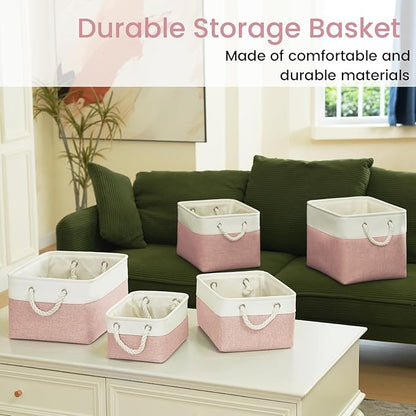 Large Storage Baskets- 16x12x12 inch Storage Bins for Shelves and Closet Organizing, Foldable Fabric Bin for Home Organization Clothes and Laundry (3-Pack, White&Pink)