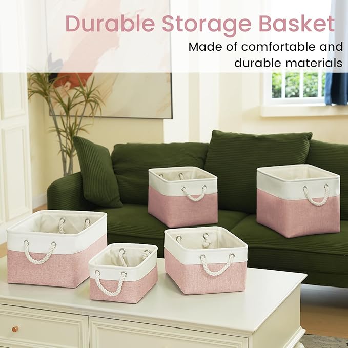 Large Storage Baskets- 15.7x11.8x8.26 inch Storage Bins for Shelves and Closet Organizing, Foldable Fabric Bin for Home Organization Clothes and Laundry (6-Pack, White&Pink)
