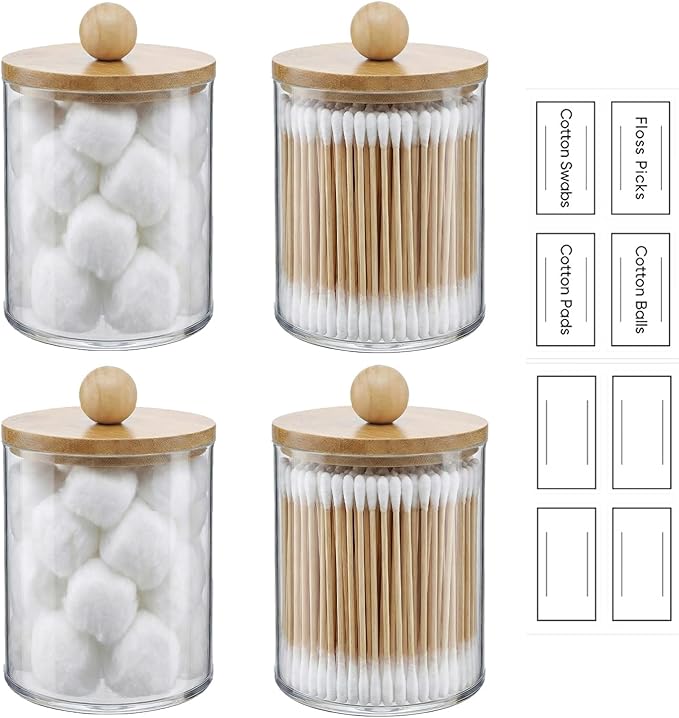 novelinks Acrylic Plastic Qtip Holder Dispenser, Apothecary Jar Canister Set with Lids for Cotton Swabs, Balls, Round Pads & Floss Picks - Bathroom Vanity Makeup Storage Container (Beige, 4 Pack)