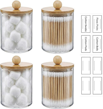 novelinks Acrylic Plastic Qtip Holder Dispenser, Apothecary Jar Canister Set with Lids for Cotton Swabs, Balls, Round Pads & Floss Picks - Bathroom Vanity Makeup Storage Container (Beige, 4 Pack)