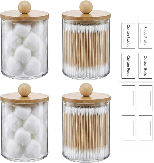 novelinks Acrylic Plastic Qtip Holder Dispenser, Apothecary Jar Canister Set with Lids for Cotton Swabs, Balls, Round Pads & Floss Picks - Bathroom Vanity Makeup Storage Container (Beige, 4 Pack)