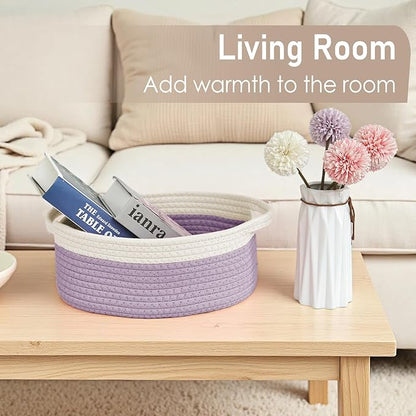 JMvicyroam Woven Basket,Small Rope Storage Bin with Handles & Ribbon Bag, Organizer for Shelves Closets,Gift Basket Empty for Birthday,Books,Dog Toys, White&Purple/3 Pack