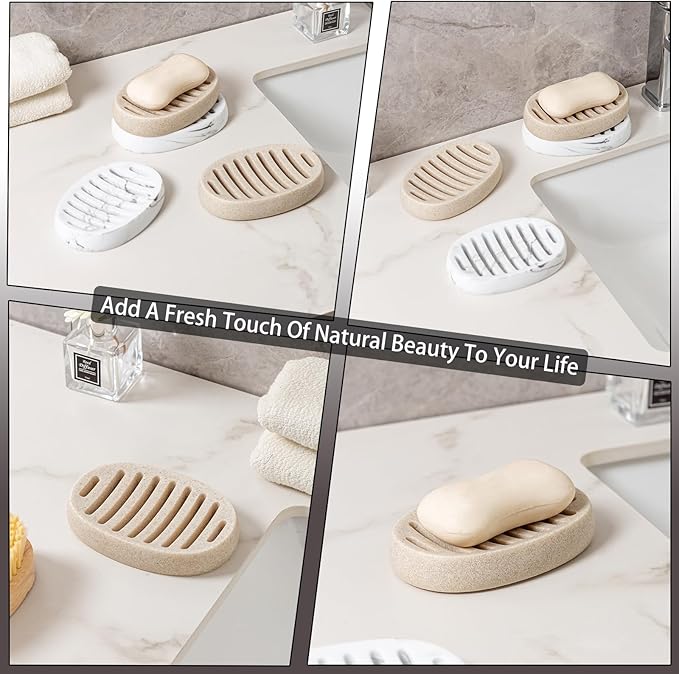 Soap Dish, Self Draining Bar Soap Holders, Oval Soap Saver Spone Holder Tray for Shower Bathroom Sink Countertop Kitchen Bathtub (Beige)