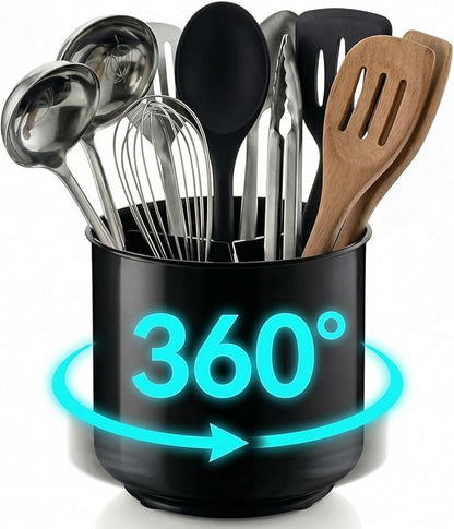 Cooler Kitchen Jumbo Extra Large Sturdy Rotating Black Utensil Holder Caddy with No-Tip Weighted Base, and Gripped Insert - Rust Proof and Dishwasher Safe Kitchen Utensils Holder