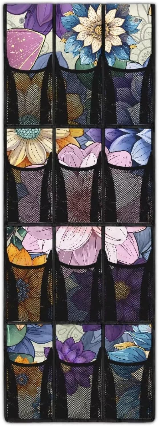 Door Storage Organizer, Blooming Flowers Lightweight Over the Door Shoe Organizer with 12 Large Mesh Pockets No Drill Easy to Install Hanging Rack for Shoes and Accessories