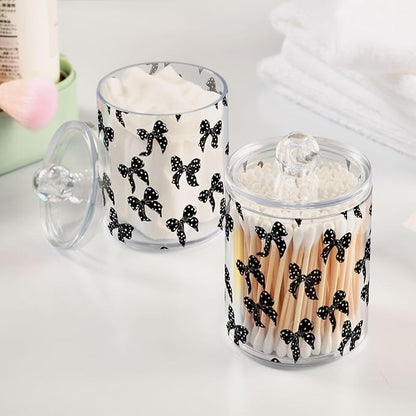 ALAZA 2pcs Black White Bow Polka Dots Qtip Holder Dispenser 14 oz Bathroom Storage Clear Apothecary Jars Containers Cotton Ball,Cotton Rounds,Floss Picks, Hair Clips, Food