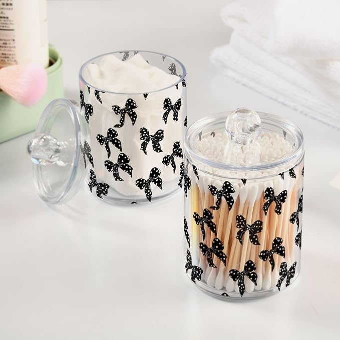 ALAZA 4pcs Black White Bow Polka Dots Qtip Holder Dispenser 14 oz Bathroom Storage Clear Apothecary Jars Containers Cotton Ball,Cotton Rounds,Floss Picks, Hair Clips, Food