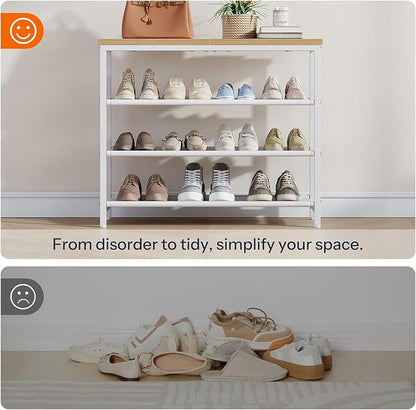 HOOBRO Shoe Rack with 3 PU Shelves, 4-Tier Shoe Storage Organizer for Closet and Entryway, Holds 9-12 Pairs of Shoes, Sturdy Metal Frame, Small Spaces, White and Natural WN94XJ01