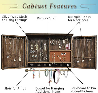 GLANT Wooden Barn Door Jewelry Organizer, Rustic Wall Mount Jewelry Storage for Necklaces, Earrings, Bracelets, Ring Holder