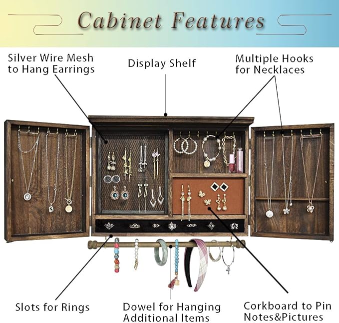 GLANT Rustic Wall Mounted Jewelry Organizer with Wooden Barndoor Decor,Wooden Wall Mount Holder,Jewelry holder for Necklaces, Earings, Bracelets, Ring Holder. Includes matching hook organizer (Rustic)