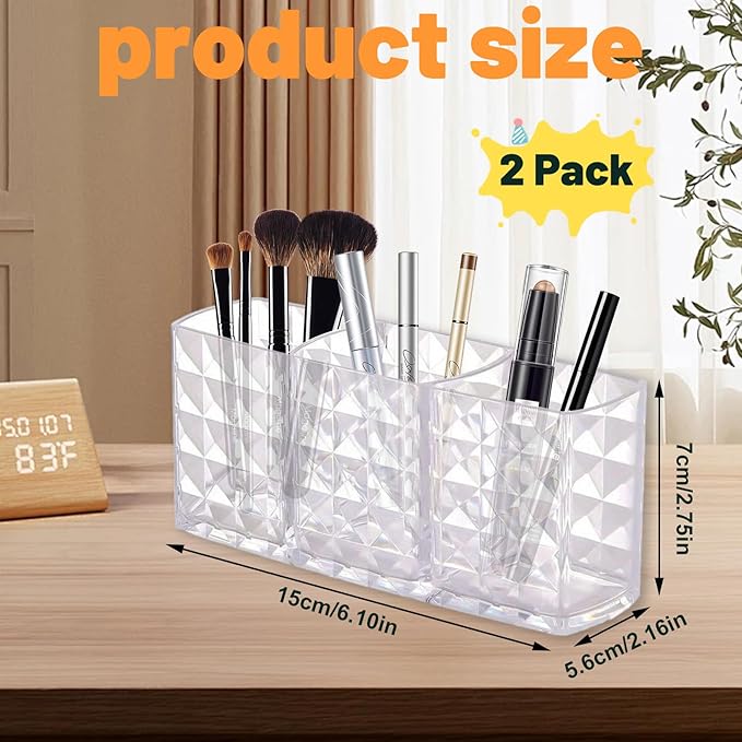 2 Pcs Acrylic Makeup Brush Holder,3 Compartment Cosmetic Organizer,Bathroom Vanity Countertop Storage for Brushes Beauty Tools Pencils Pens Bathroom Living Room