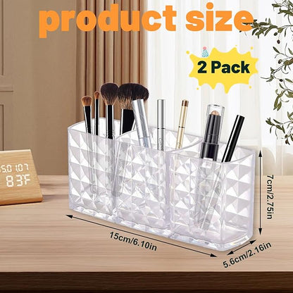 2 Pcs Acrylic Makeup Brush Holder,3 Compartment Cosmetic Organizer,Bathroom Vanity Countertop Storage for Brushes Beauty Tools Pencils Pens Bathroom Living Room