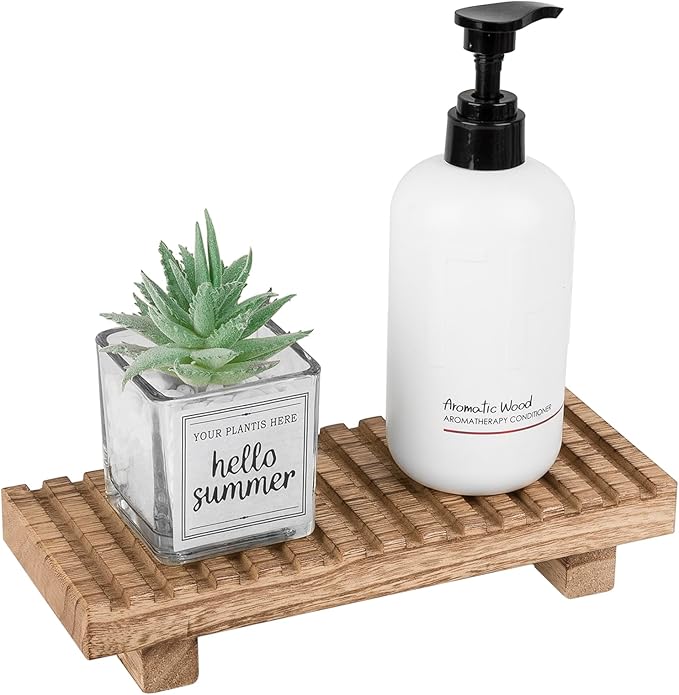 Bathroom Tray Rustic Farmhouse Bathroom Decor Wood Display Stand Riser Kitchen Soap Dish Holder for Vanity, Countertop, Sink, 8.6 * 3.6 Brown