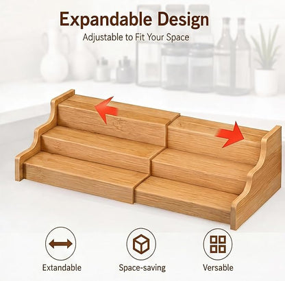Expandable 3-Tier Bamboo Can Rack Organizer for Pantry, Adjustable Kitchen Cabinet Storage Shelf, Holds Up to 24 Cans, Natural Elegance