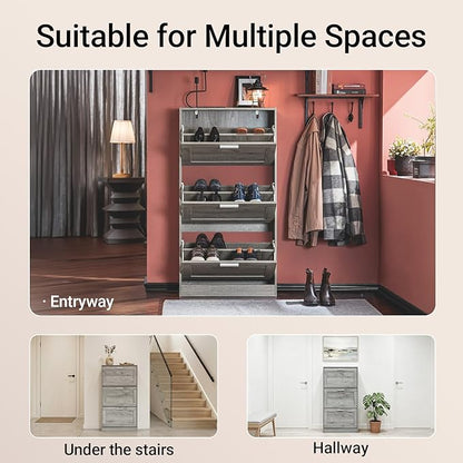 Haotian Shoe Storage Cabinet Entryway, Freestanding Shoe Cabinet with 3 Flip-Drawers Fully Enclosed Tall Shoe Rack Shoe Organizer, Grey, FSR137-L-HG