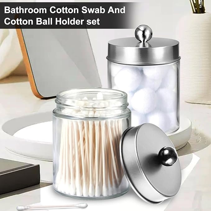 4 Pack Qtip Holder, Canister Apothecary Jar Set, Clear Plastic Apothecary Jar Containers, Bathroom Jars with Lids Set for Cotton Swabs, Balls, Pads, Floss Picks (Silver)