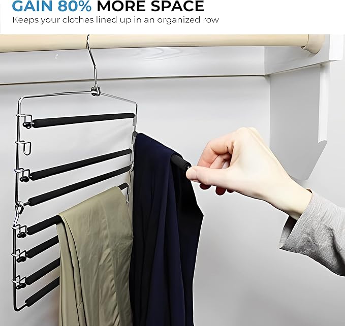 USTECH Arm Pants Hanger 8 Tier – Foldable Multi-Tier Swing Hanger with Removable Arms & Foam Padding, Space-Saving Closet Organizer for Trousers, Jeans, Scarves – (Pack of 1)