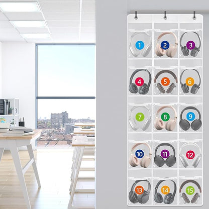 2 Pack Classroom Headphone Storage Organizer with 30 Pockets PVC Clear Organizer Holder with 4 Hooks for Headphone Organizer Classrooms