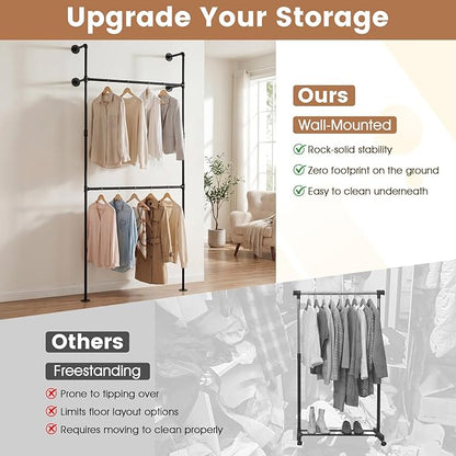 Giantex Industrial Pipe Clothing Rack, 42" Wall Mounted Heavy-Duty Metal Garment Organizer with 2 Hanging Rods, 2-Tier Walk-in Closet System for Wardrobe Closet, Retail Display
