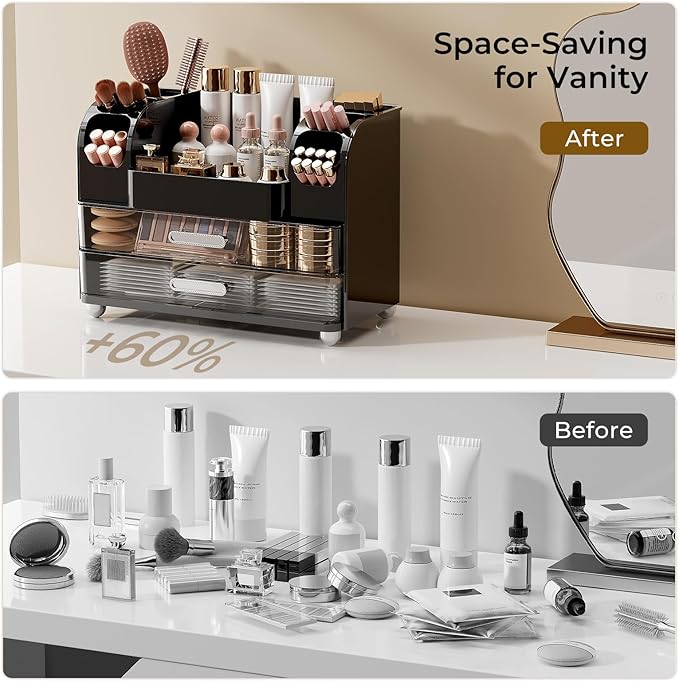 Makeup Organizer for Vanity with 2 Large Drawers, Cosmetic Display Case with Brush Holders, Easy to Storage for Bathroom Countertop Skincare, Perfume, Black