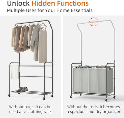 ROMOON Laundry Hamper Sorter Cart: 4 Section Organizer with Hanging Bar and Heavy-duty Lockable Wheels | 180L Rolling Laundry Basket with Clothes Rack in Laundry Room or Small Spaces (Grey)