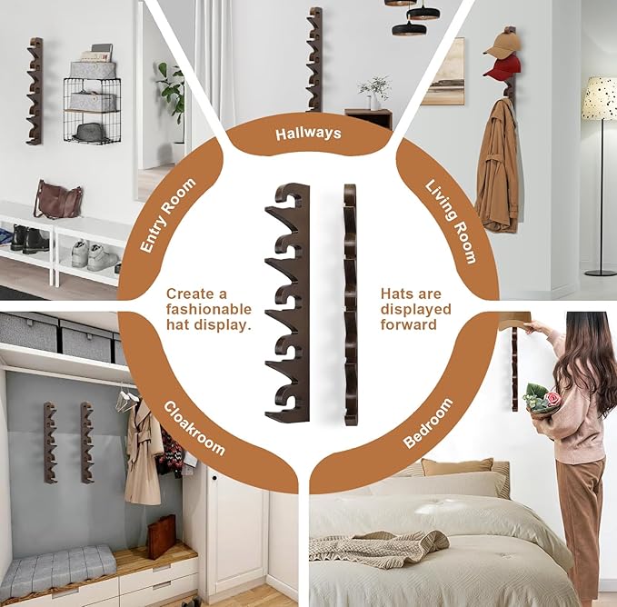 Hat Rack Hats Organizer for Baseball Caps Wood Cap Storage Hat Hooks for Wall Baseball Hat Storage Organizer Hat Display Up to 20 Hats for Closet Wall, Set of 2