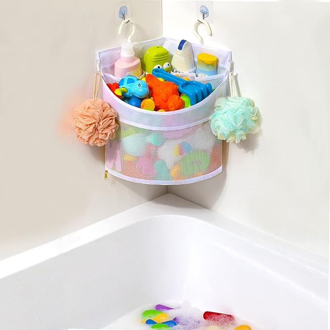 Ligereza Baby Bath Toy Organizer, Quick Drying and Mould Proof, Corner Hang-Suspension Holder, Large Capacity Multi Use Shower Caddy (White)