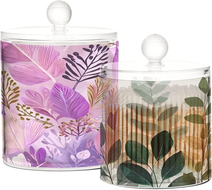 2 Pack Qtip Dispenser Apothecary Jars with Lids Cotton Round Holder Bathroom Canisters for Cotton Swab Floss Ball Pads Clear Plastic Decorative Purple and Beige Boho Leaves