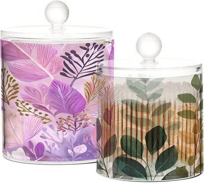 2 Pack Qtip Dispenser Apothecary Jars with Lids Cotton Round Holder Bathroom Canisters for Cotton Swab Floss Ball Pads Clear Plastic Decorative Purple and Beige Boho Leaves