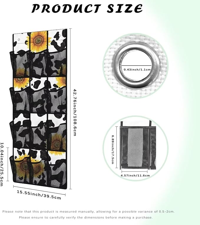 Cow Print Sunflower Over The Door Hanging Storage Pockets Space Saving Door Storage Organizer with 12 Breathable Pockets for Bedroom Bathroom